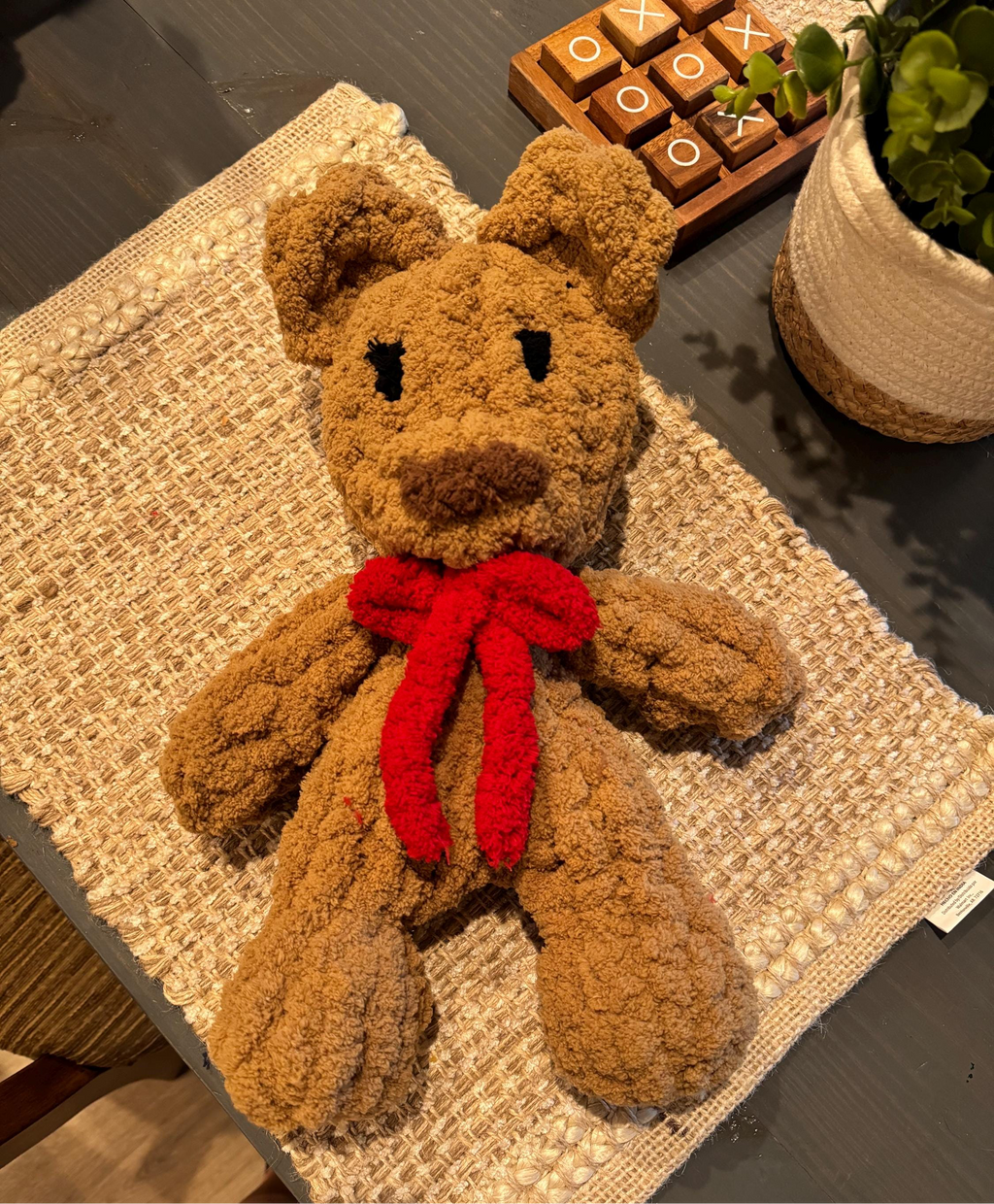 Teddy Bear Chenille Hand Knit Lovey.  Different color options and bows available.