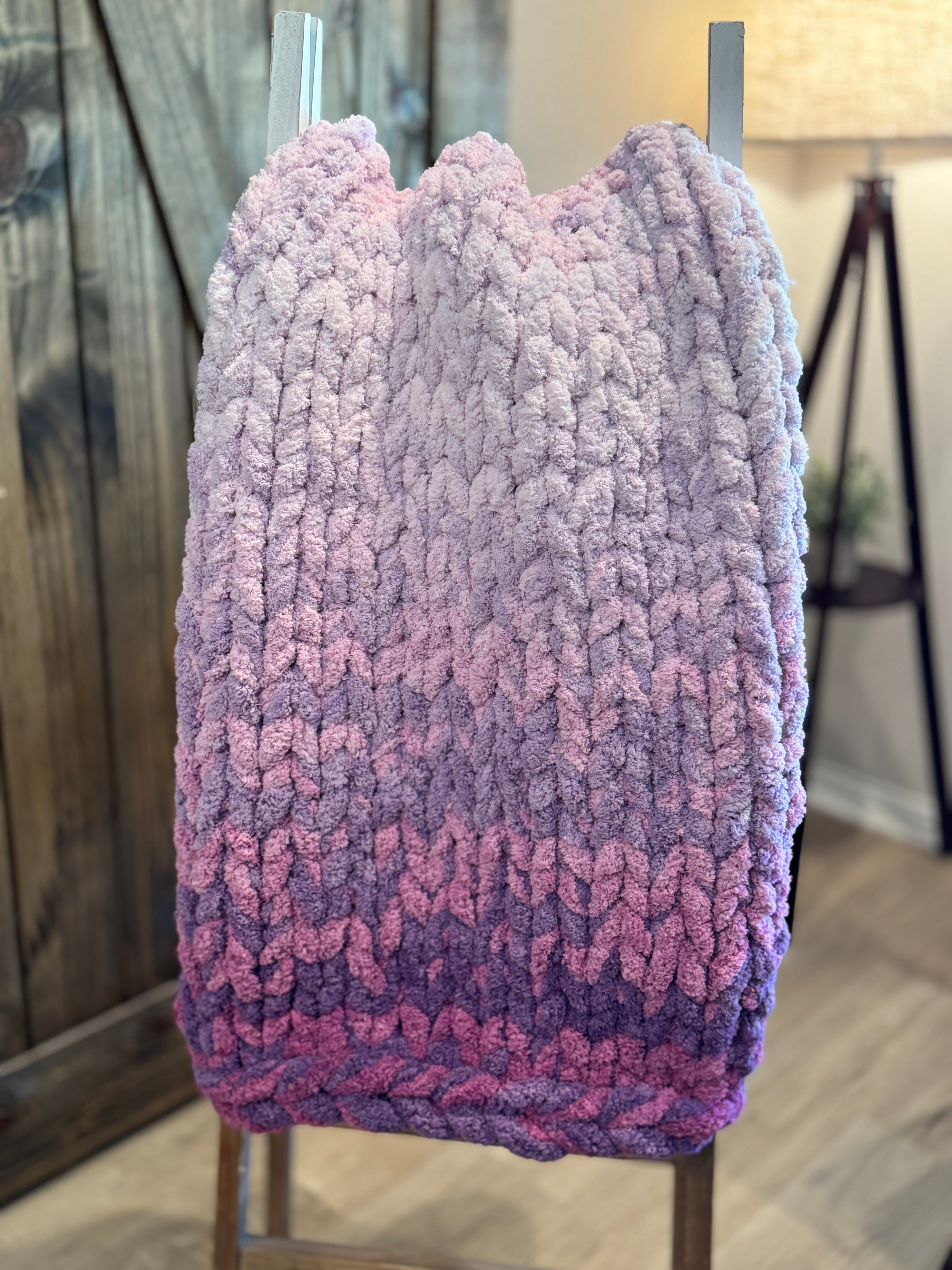 Fuschia and Purple Double Yarn Ombré Chunky Chenille Hand Knit Blanket (35x43)