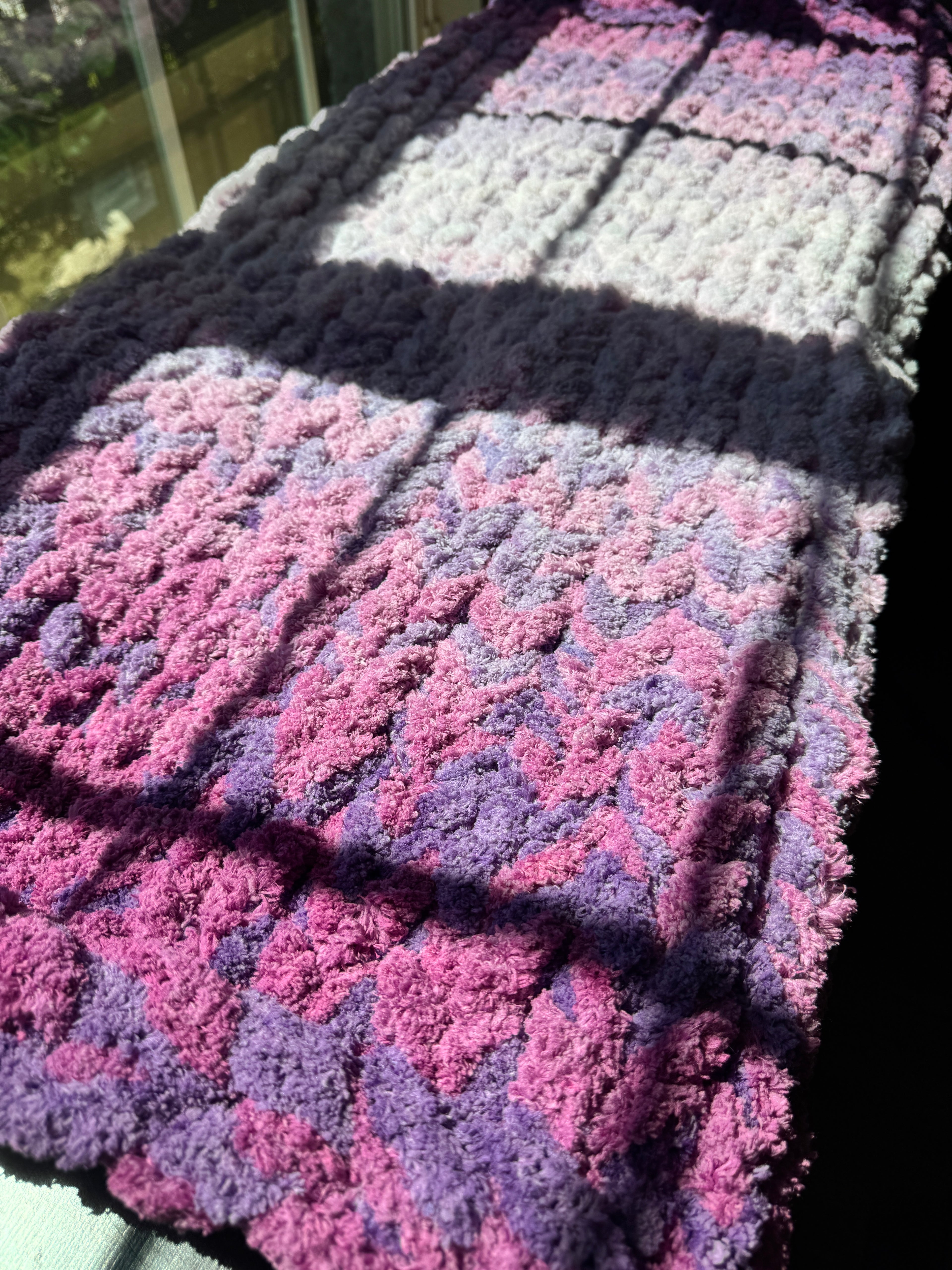 Fuschia and Purple Double Yarn Ombré Chunky Chenille Hand Knit Blanket (35x43)