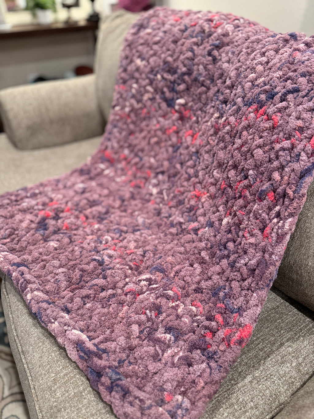 Chunky Knit Chenille Blanket: Mixed Berry Purple, (33x44) Broken Herringbone Stitch