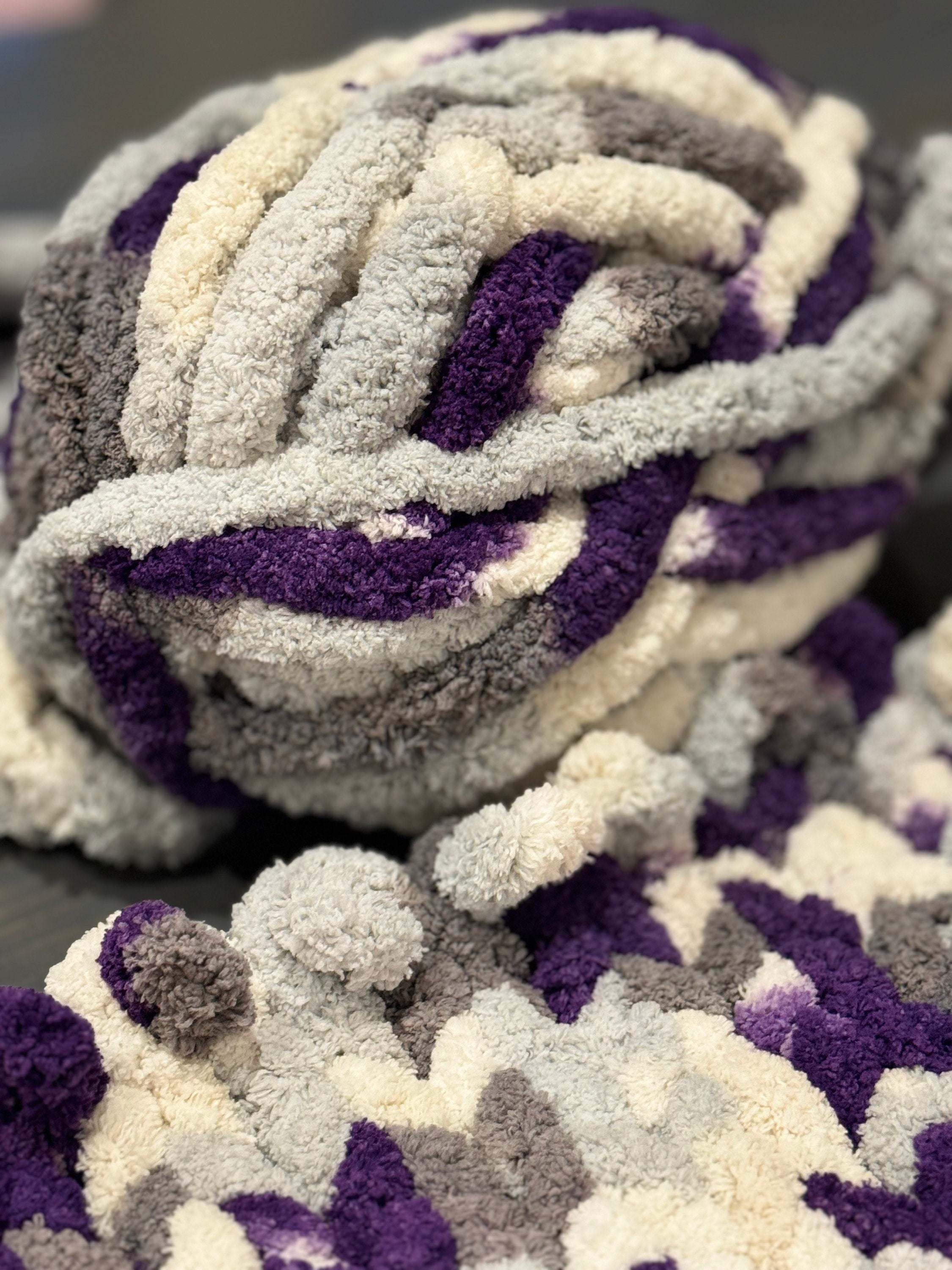 TCU Themed Chenille Chunky Hand Knit Blanket, 50 x 50, Texas Christian University, Horned Frogs, Purple, Fort Worth