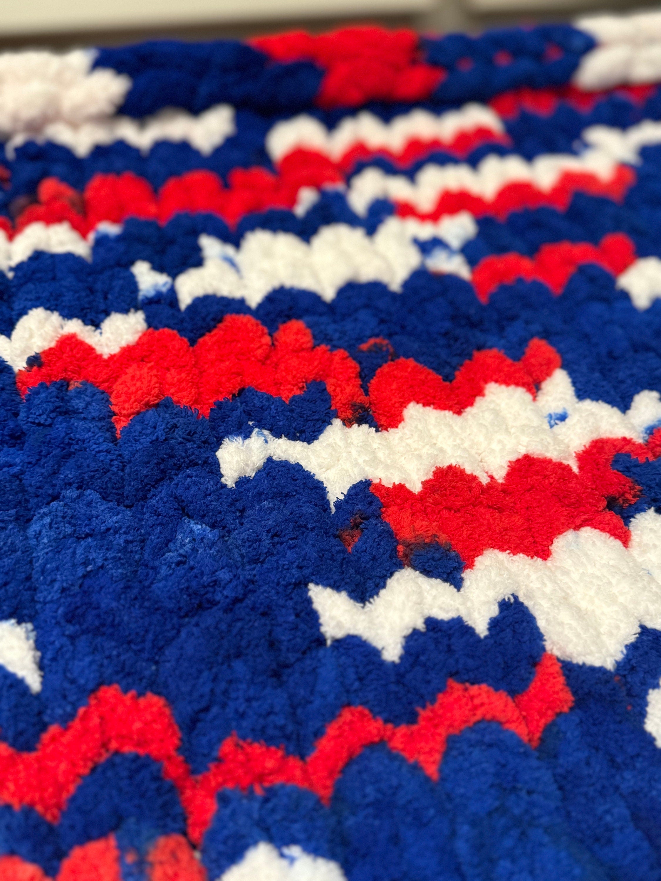 Red, White & Blue - Chenille Chunky Hand Knit Blanket, 40x42 | Perfect USA, Texas Rangers, US Olympics, 4th of July, Labor Day theme!
