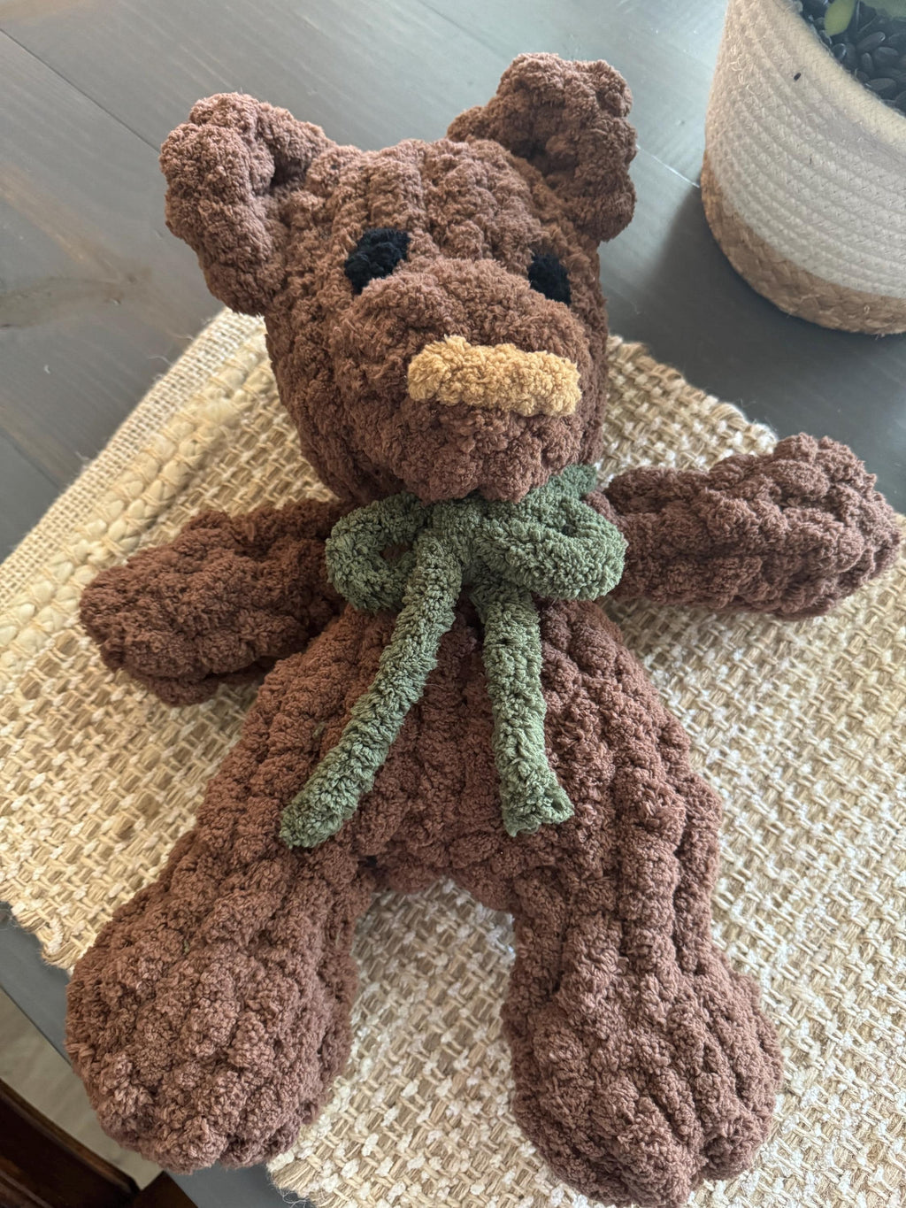 Teddy Bear Chenille Hand Knit Lovey.  Different color options and bows available.