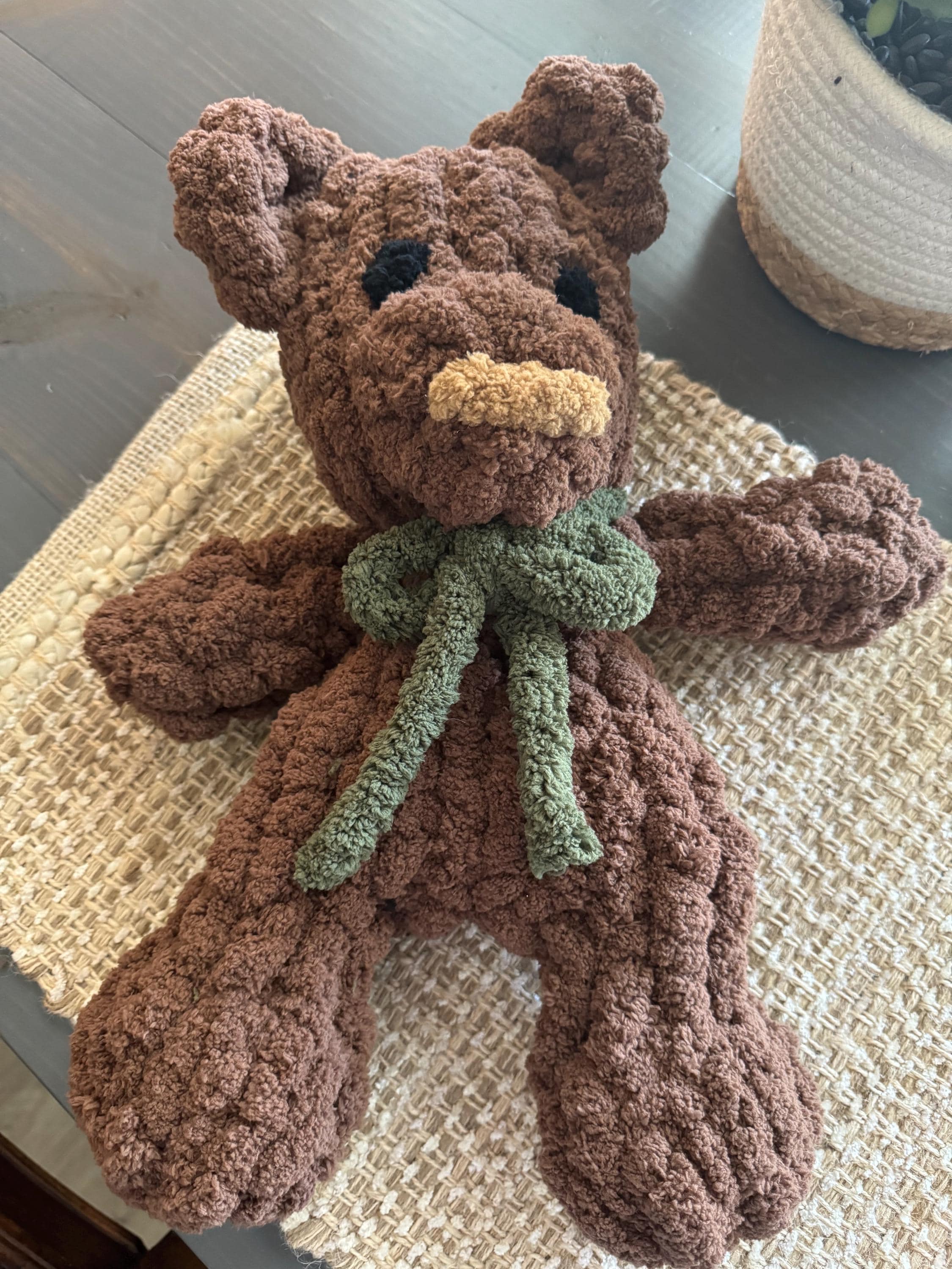 Teddy Bear Chenille Hand Knit Lovey.  Different color options and bows available.