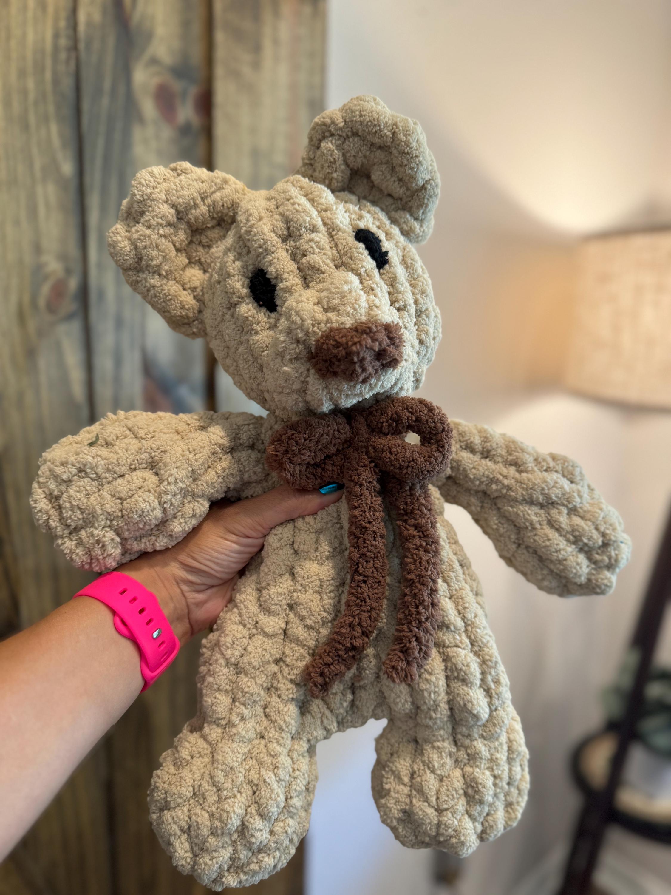 Teddy Bear Chenille Hand Knit Lovey.  Different color options and bows available.