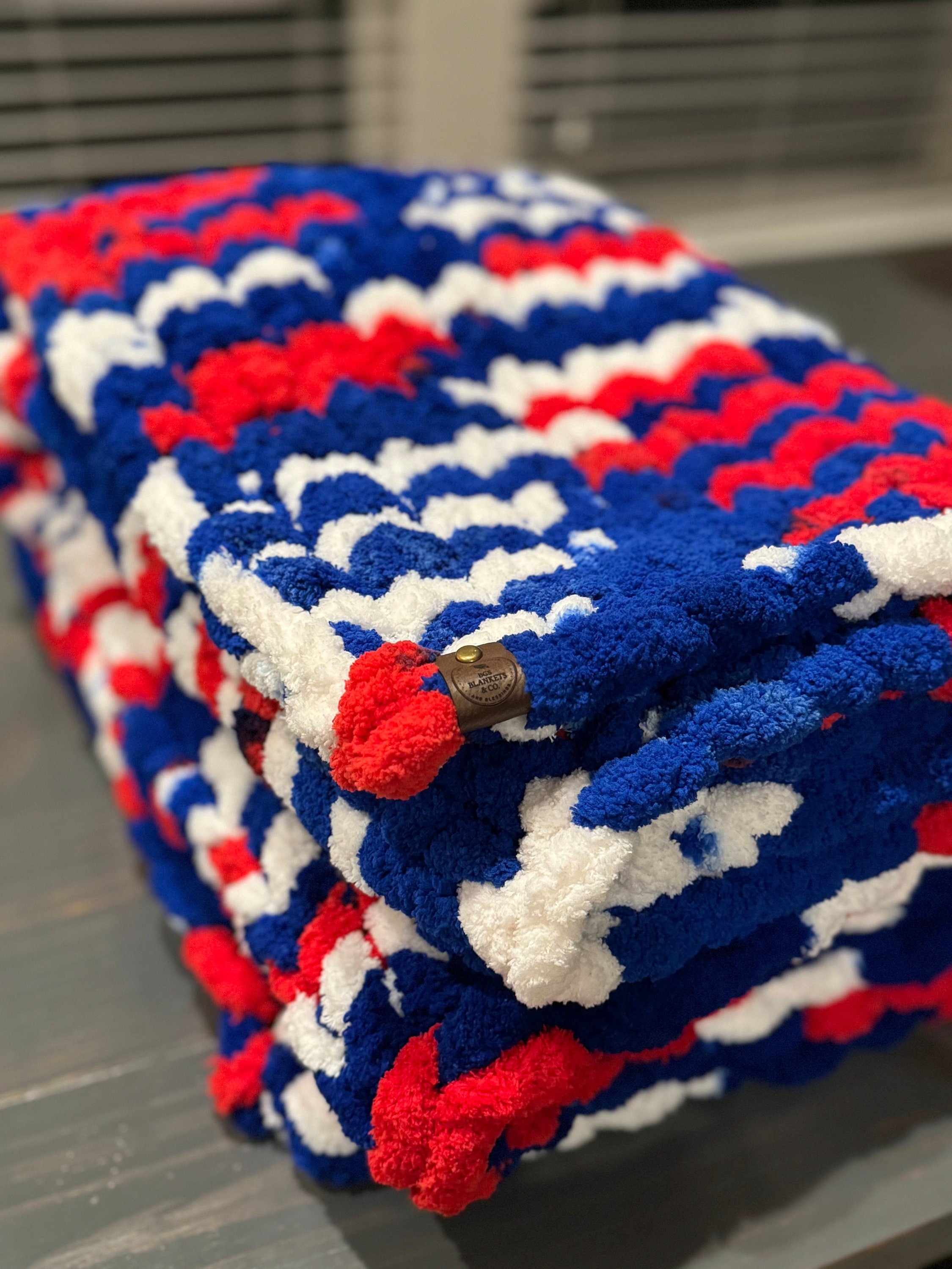 Red, White & Blue - Chenille Chunky Hand Knit Blanket, 40x42 | Perfect USA, Texas Rangers, US Olympics, 4th of July, Labor Day theme!