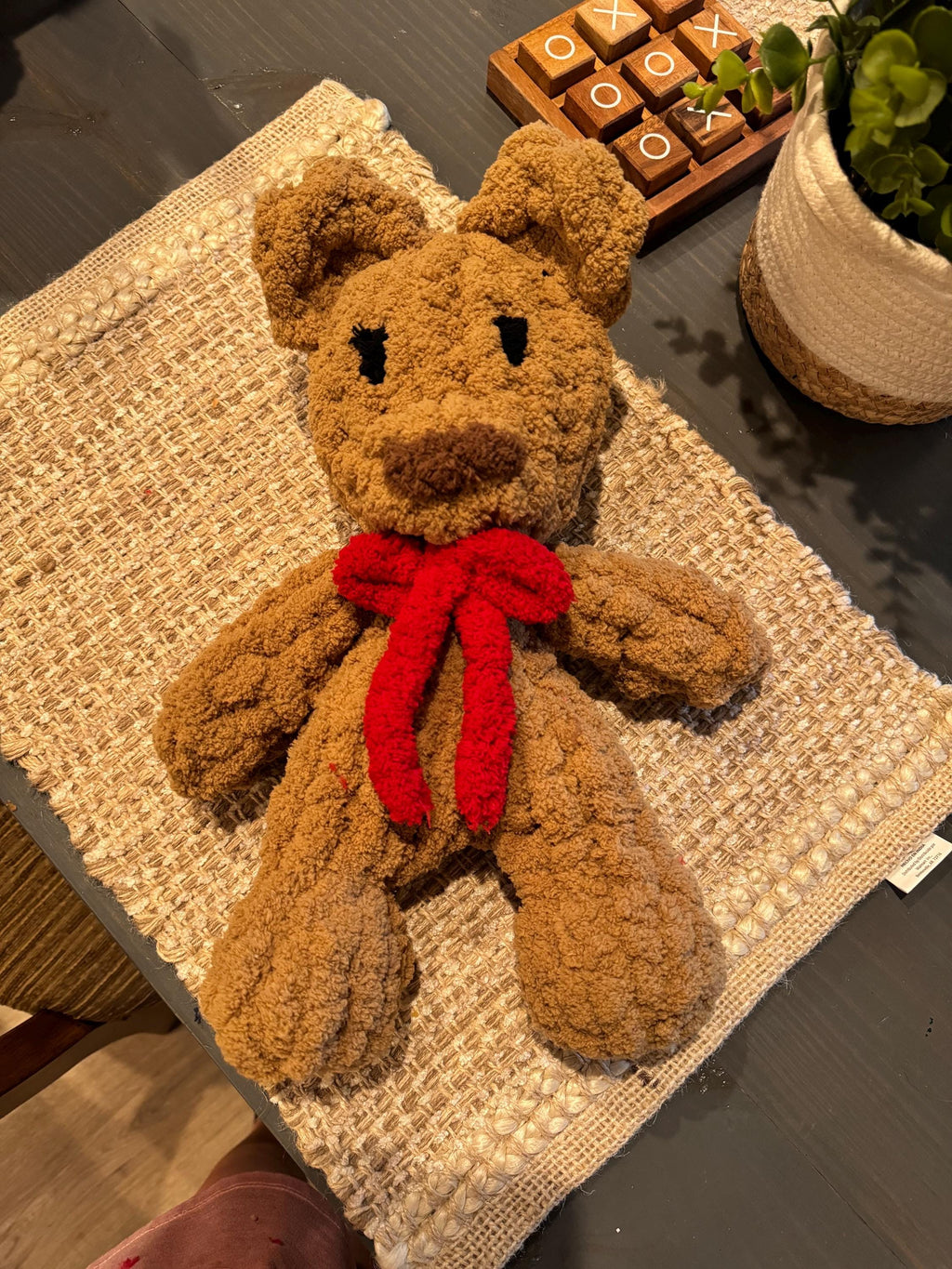 Teddy Bear Chenille Hand Knit Lovey.  Different color options and bows available.