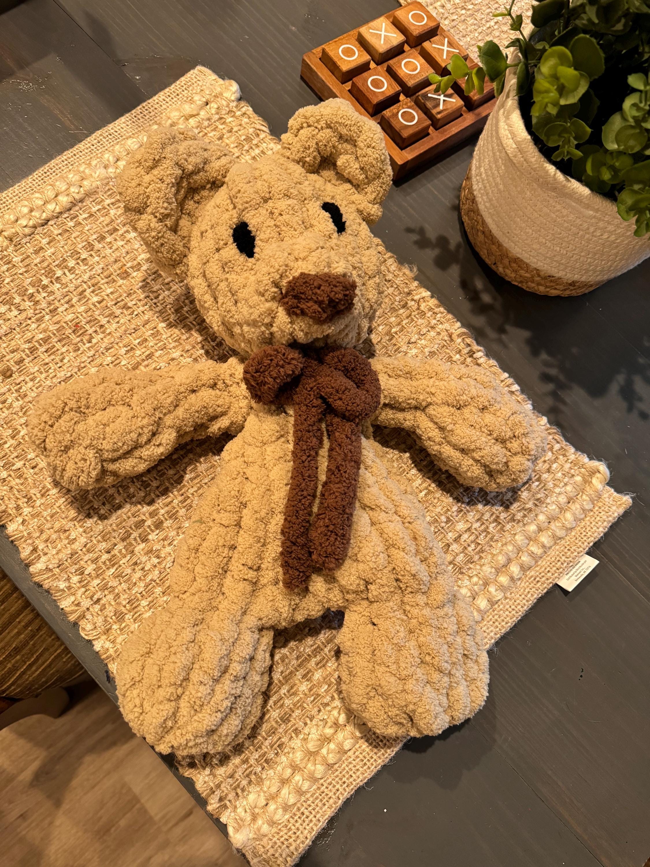 Teddy Bear Chenille Hand Knit Lovey.  Different color options and bows available.