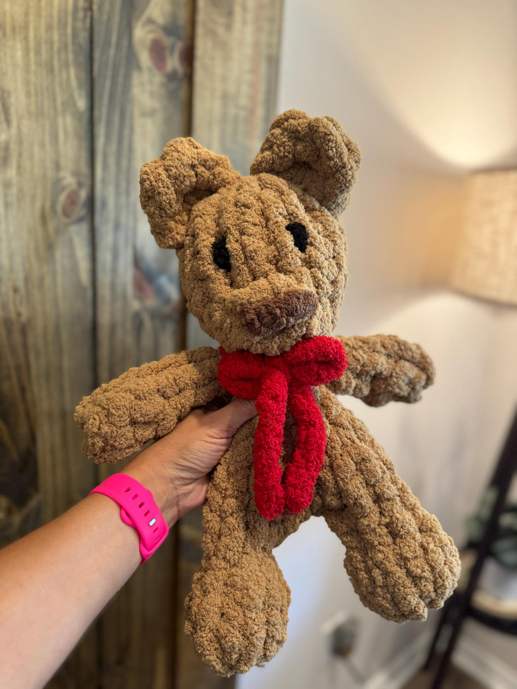 Teddy Bear Chenille Hand Knit Lovey.  Different color options and bows available.
