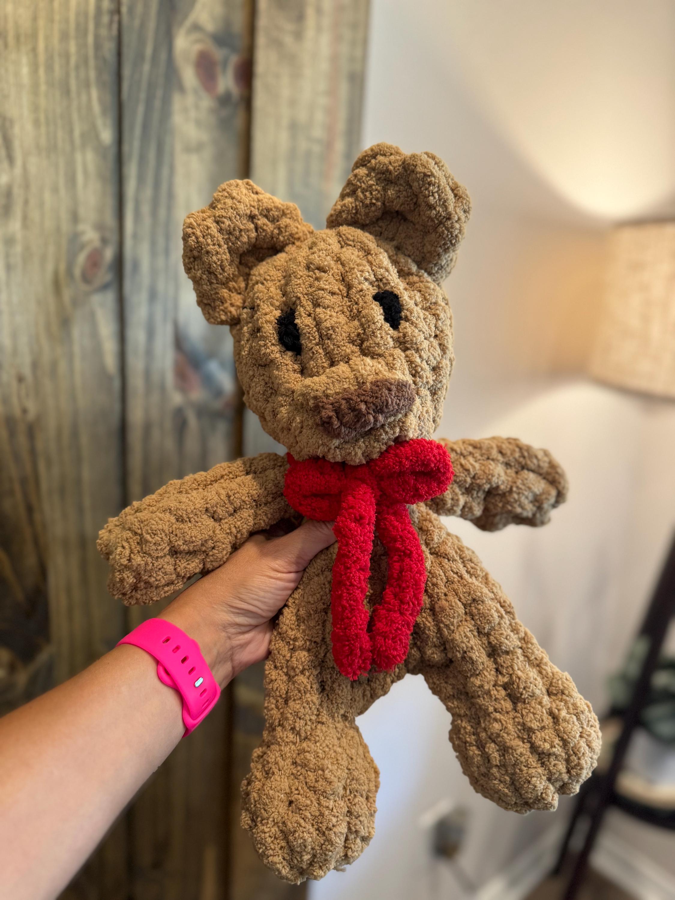 Teddy Bear Chenille Hand Knit Lovey.  Different color options and bows available.