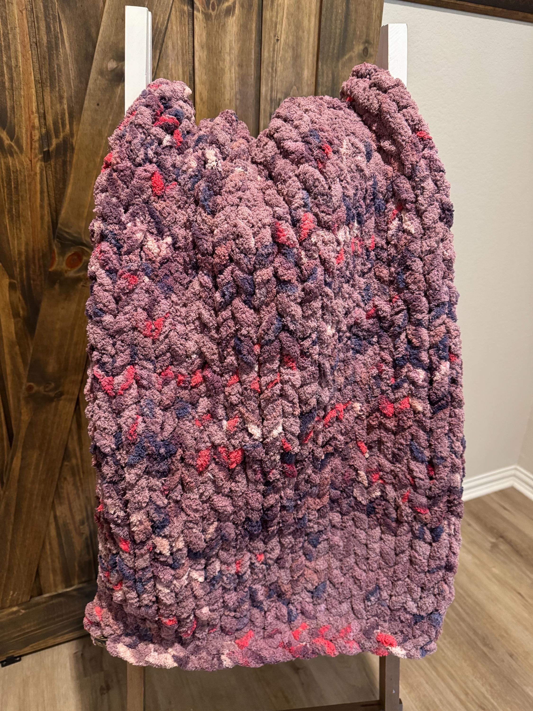 Mixed Berry Chunky Chenille Hand Knit Blanket (40x57) Purple, Pink, Blue, and Beige Variegated