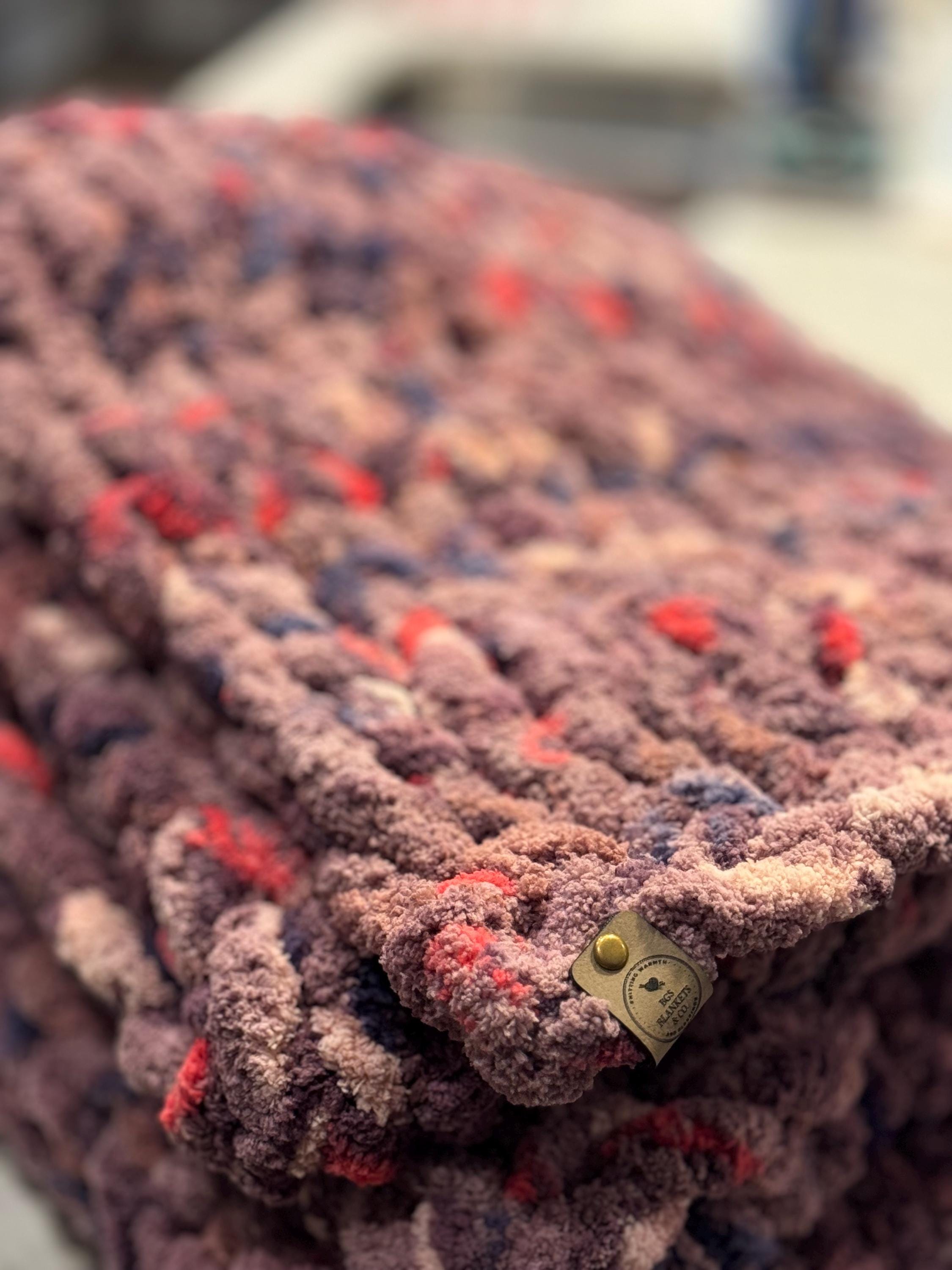 Mixed Berry Chunky Chenille Hand Knit Blanket (40x57) Purple, Pink, Blue, and Beige Variegated
