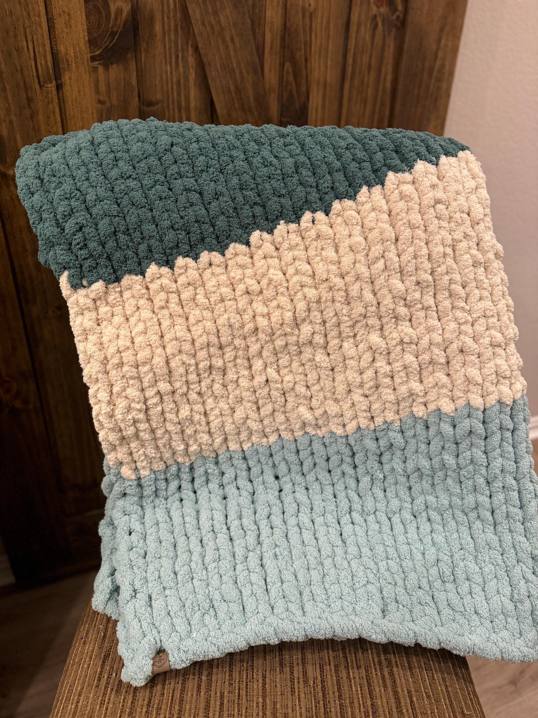 Custom Build Your Own Chenille Chunky Hand Knit Blanket, Pick Your Size and Up to 3 Colors