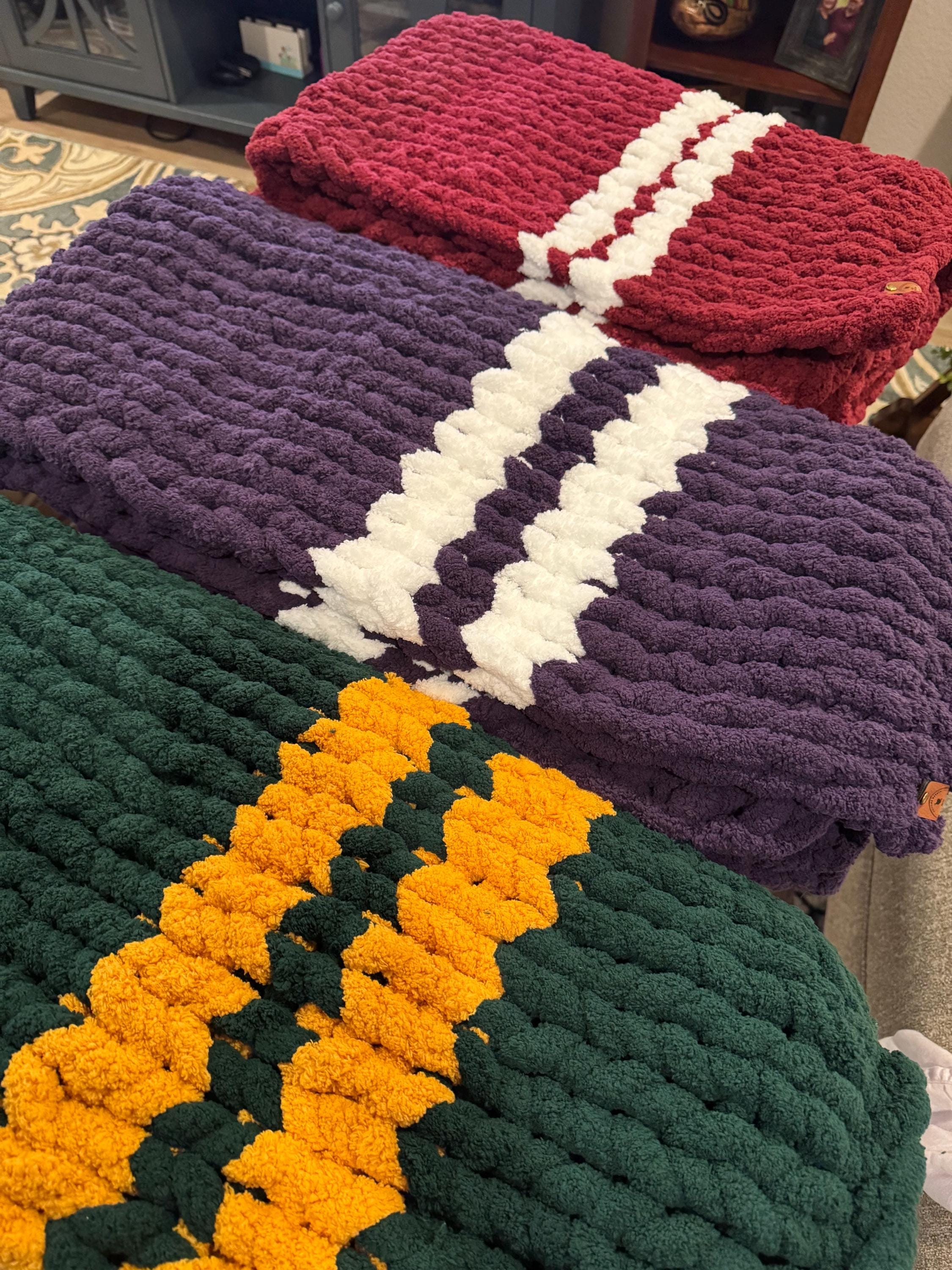 Custom Build Your Own Chenille Chunky Hand Knit Blanket, Pick Your Size and Up to 3 Colors