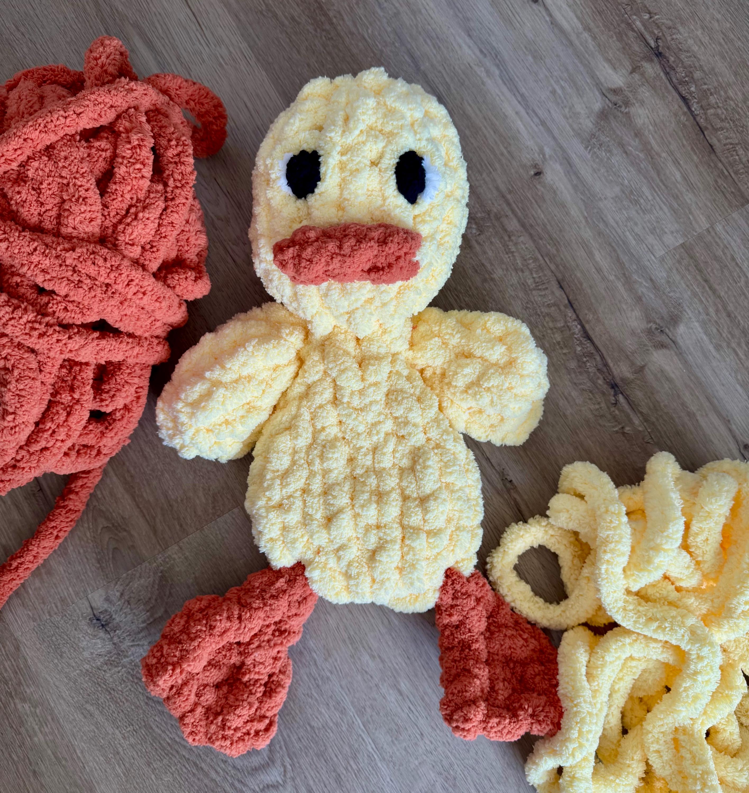 Duck Chenille Hand Knit Lovey. Handmade and Perfect for Babyshowers! Different color options and bows available. Custom orders accepted!