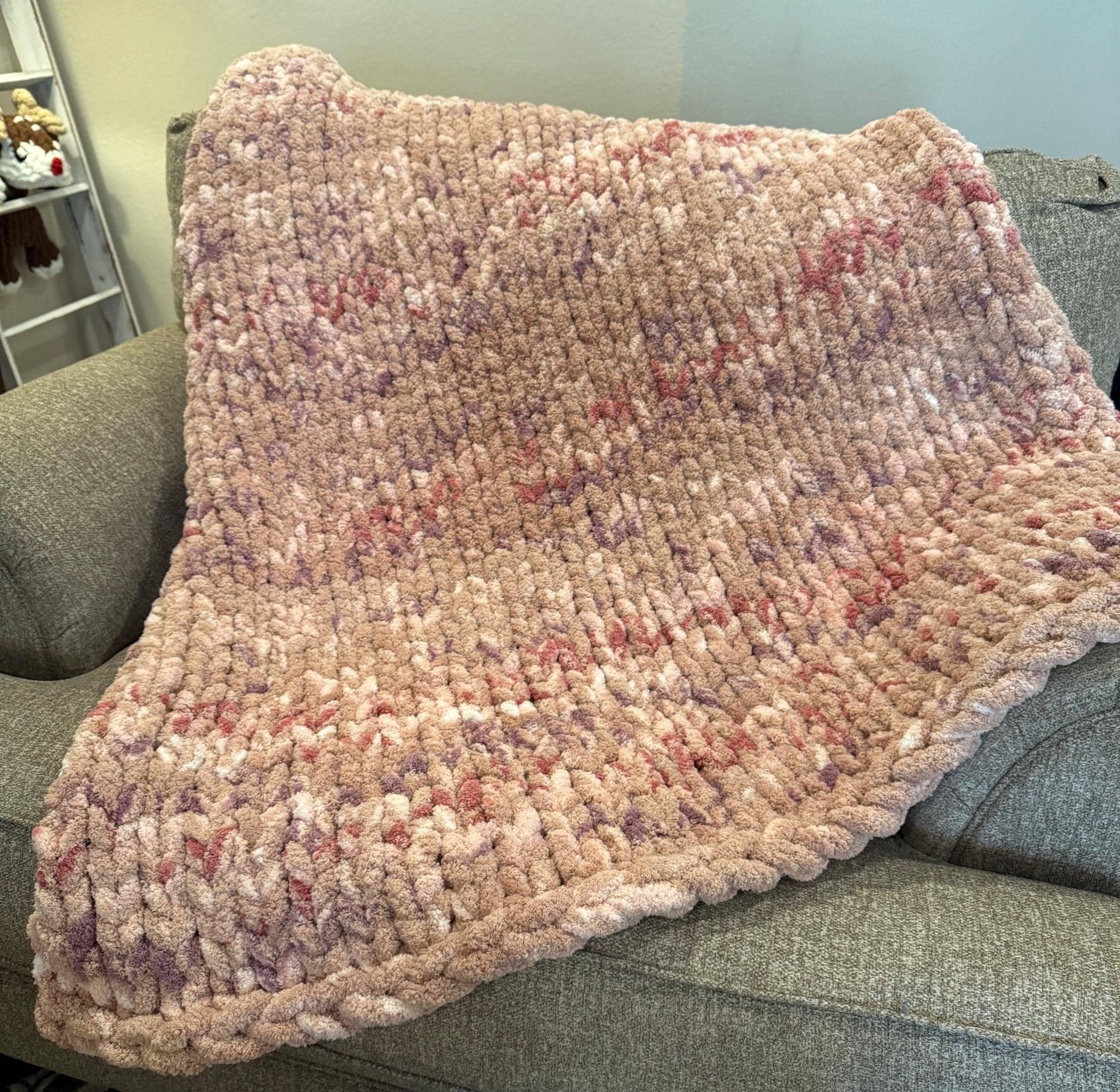 Floral Splash | Variegated Chenille Chunky Hand Knit Blanket (43x60). Shades of pink with splashes of lavender. READY TO SHIP!
