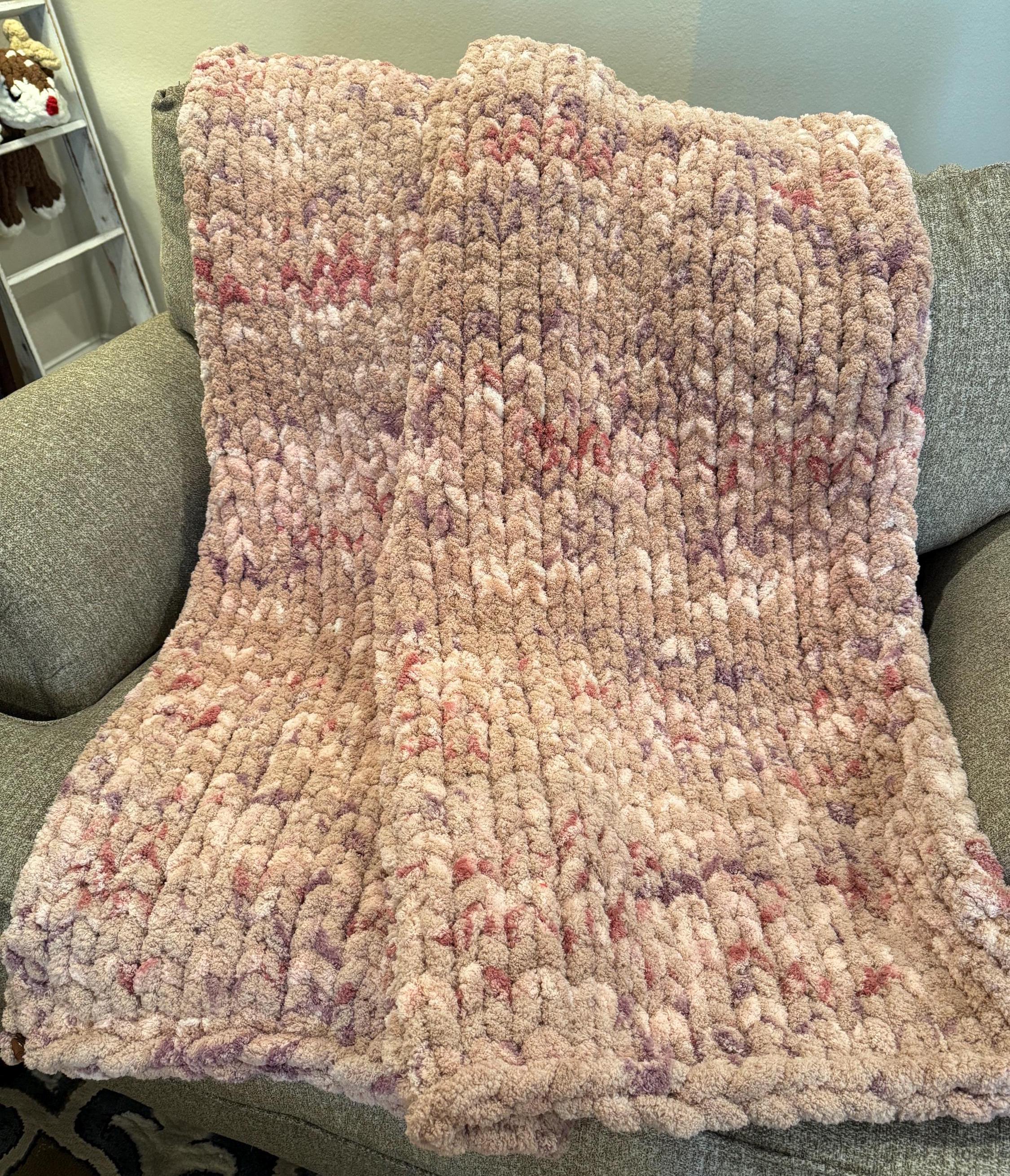 Floral Splash | Variegated Chenille Chunky Hand Knit Blanket (43x60). Shades of pink with splashes of lavender. READY TO SHIP!