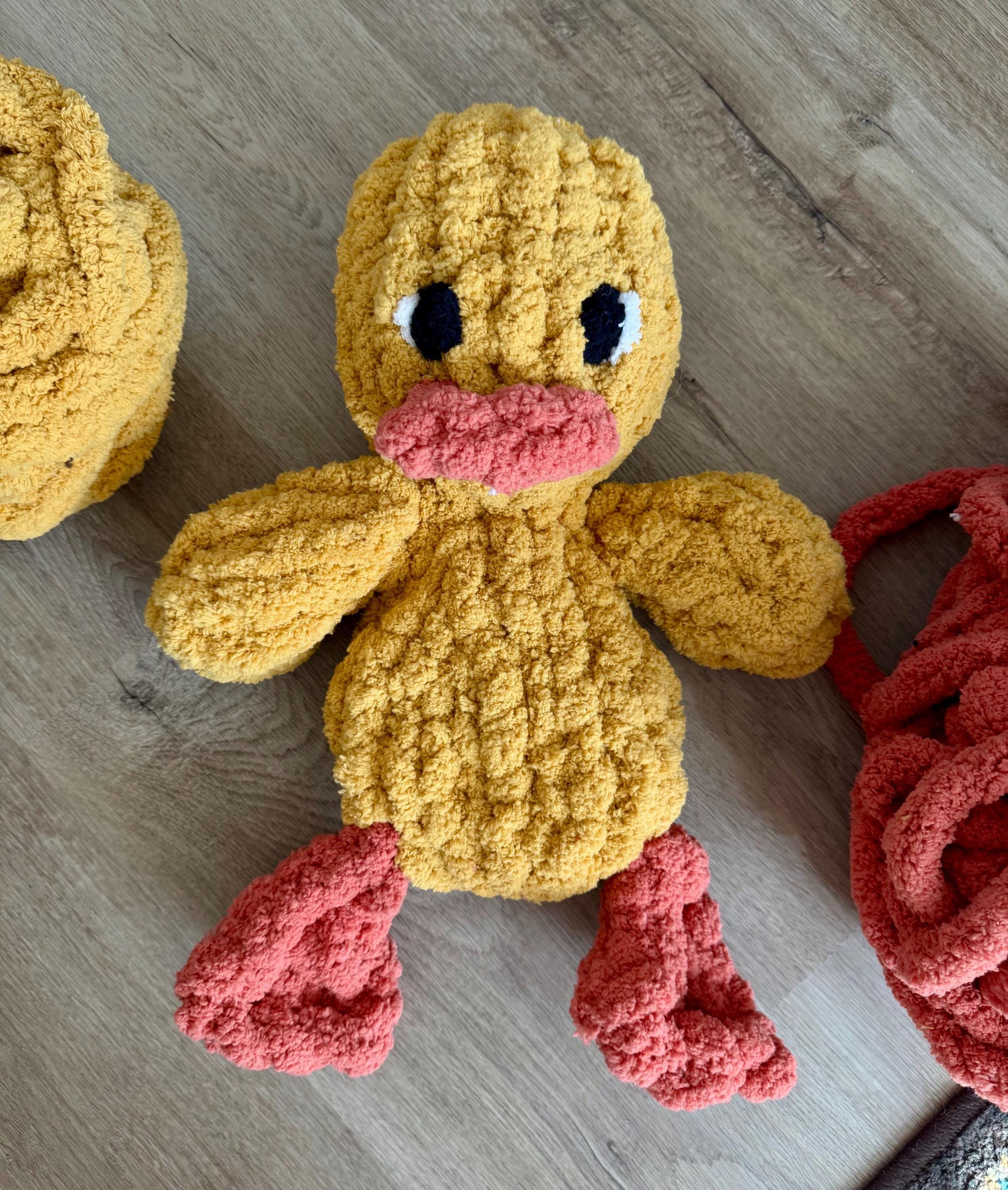 Duck Chenille Hand Knit Lovey. Handmade and Perfect for Babyshowers! Different color options and bows available. Custom orders accepted!