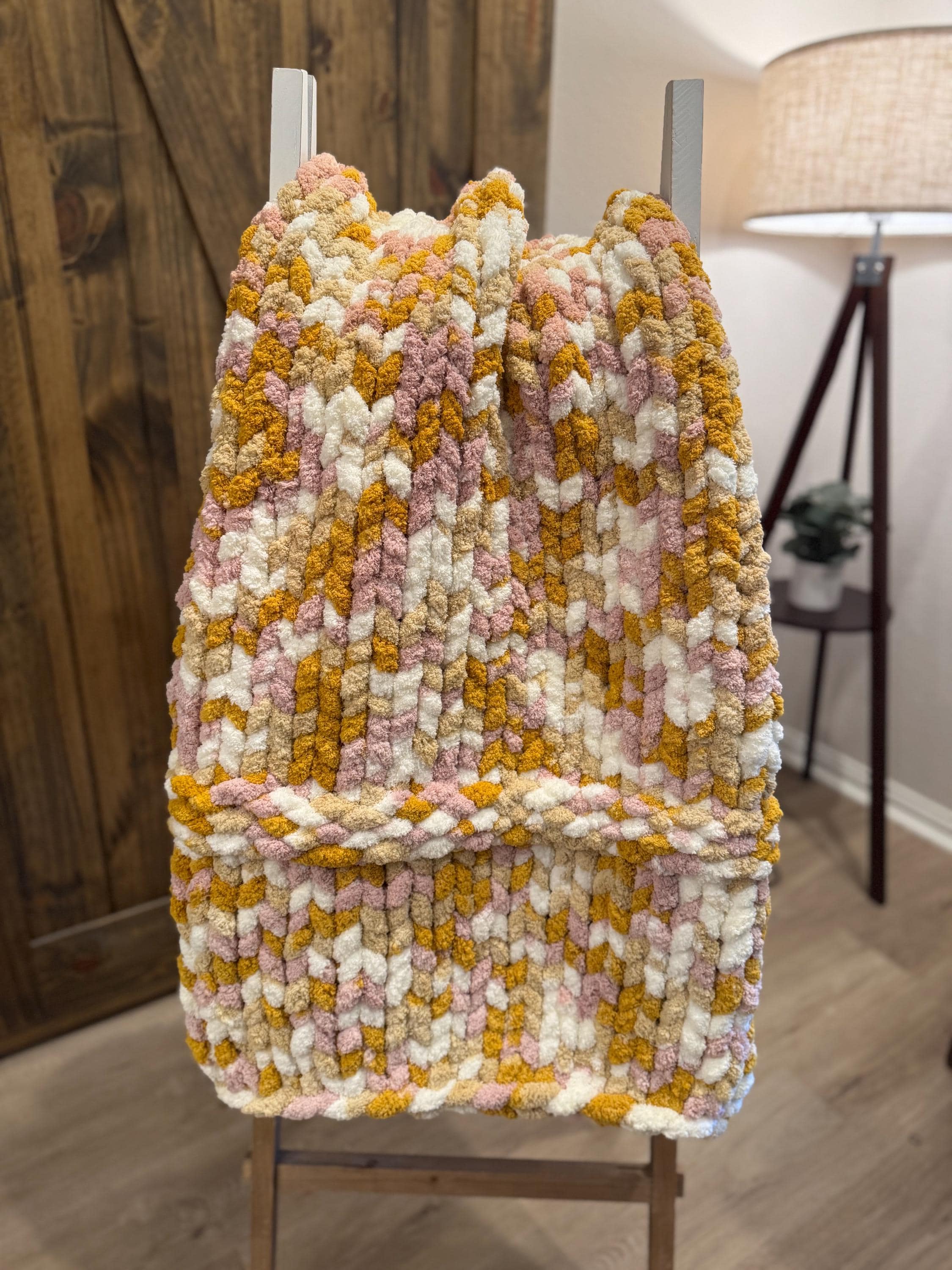 Variegated Chenille Chunky Hand Knit Blanket (40x60). Shades of pink, cream and mustard. READY TO SHIP!