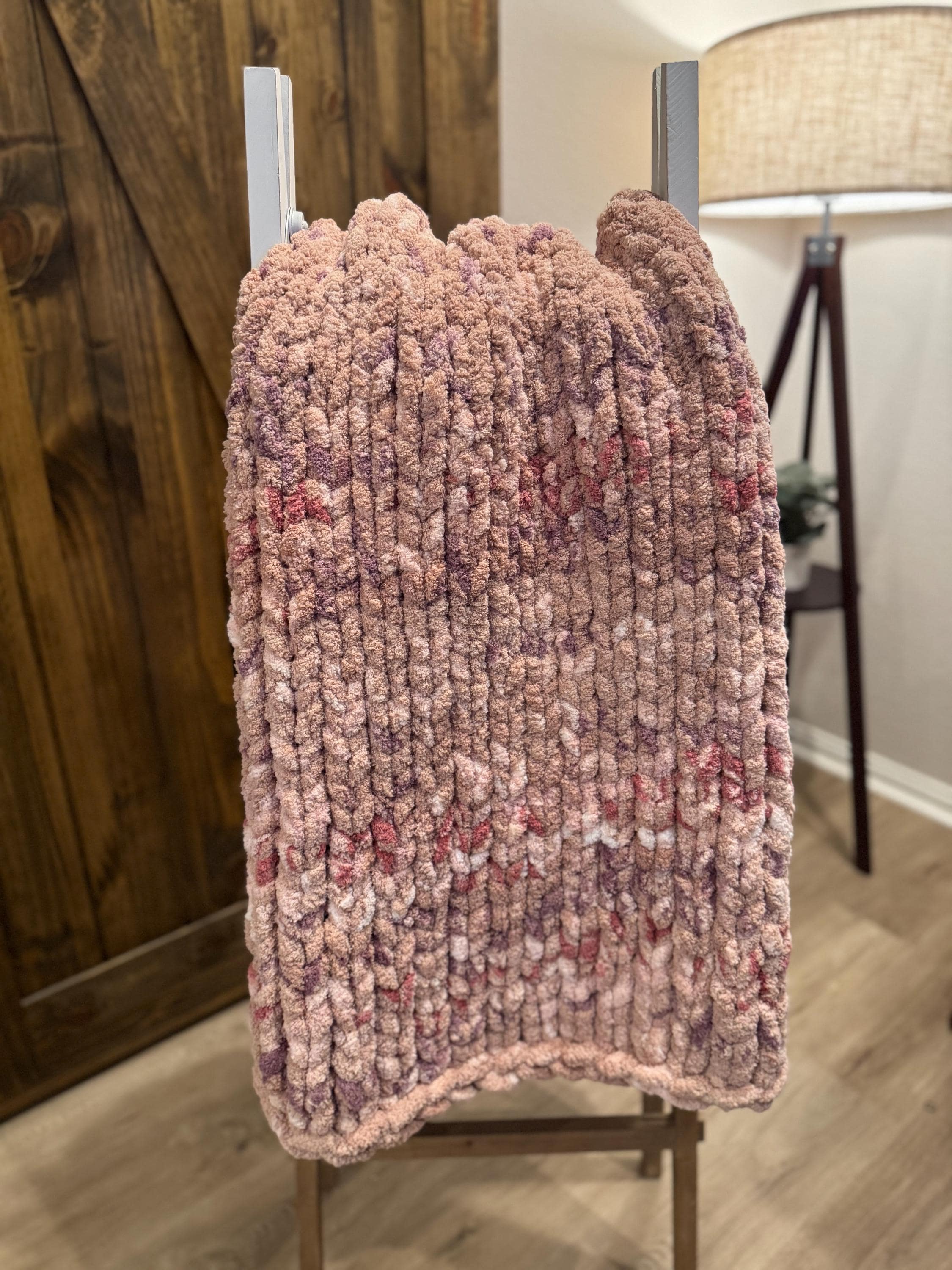 Floral Splash | Variegated Chenille Chunky Hand Knit Blanket (43x60). Shades of pink with splashes of lavender. READY TO SHIP!