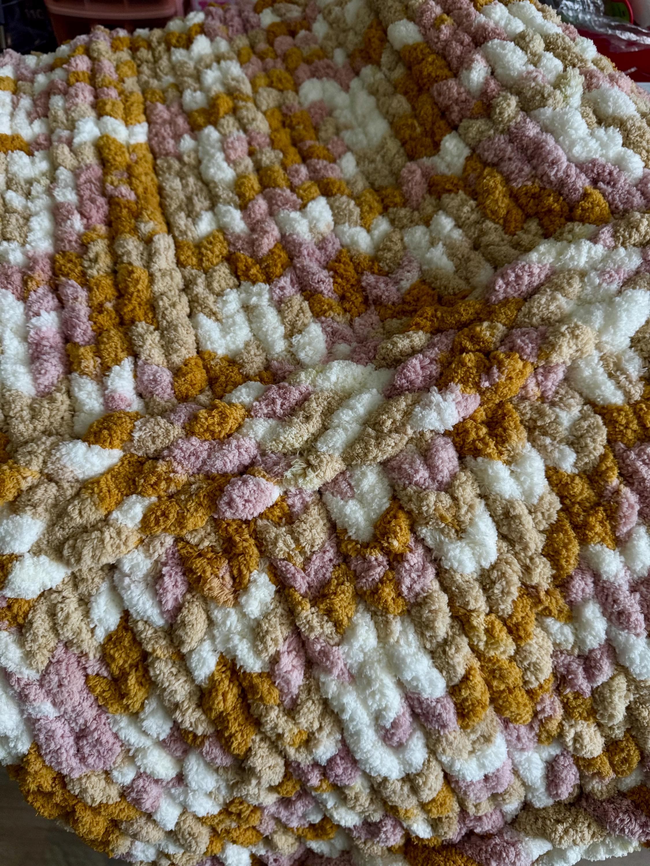 Variegated Chenille Chunky Hand Knit Blanket (40x60). Shades of pink, cream and mustard. READY TO SHIP!