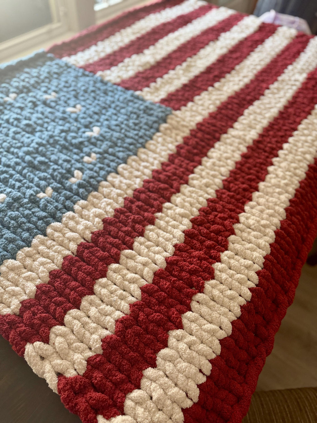 Love Liberty American USA Chunky Chenille Hand Knit Blanket (40x60) Ready to SHIP!