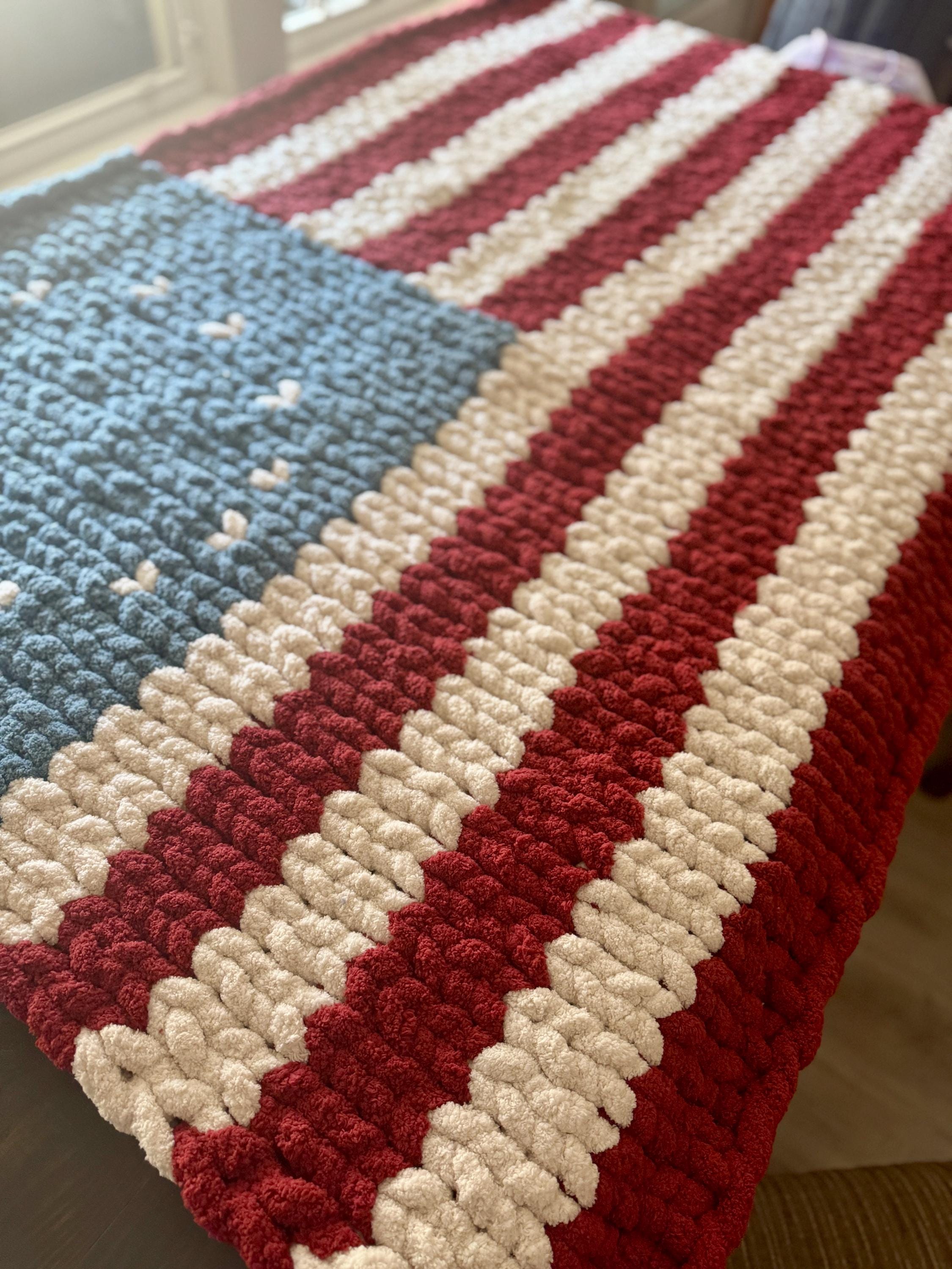 Love Liberty American USA Chunky Chenille Hand Knit Blanket (40x60) Ready to SHIP!