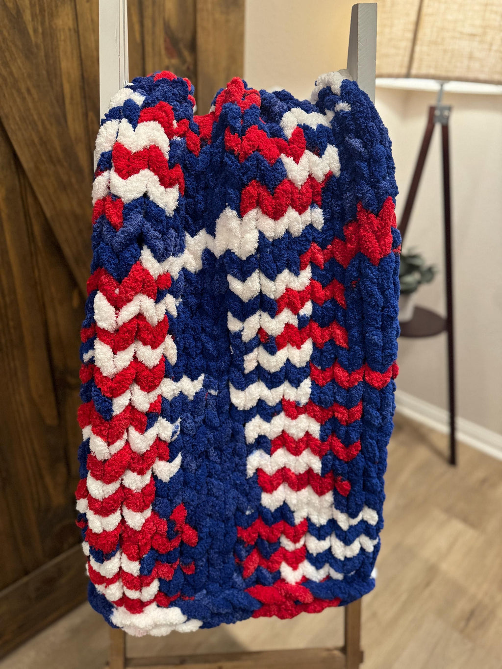Red, White & Blue - Chenille Chunky Hand Knit Blanket, 40x42 | Perfect USA, Texas Rangers, US Olympics, 4th of July, Labor Day theme!