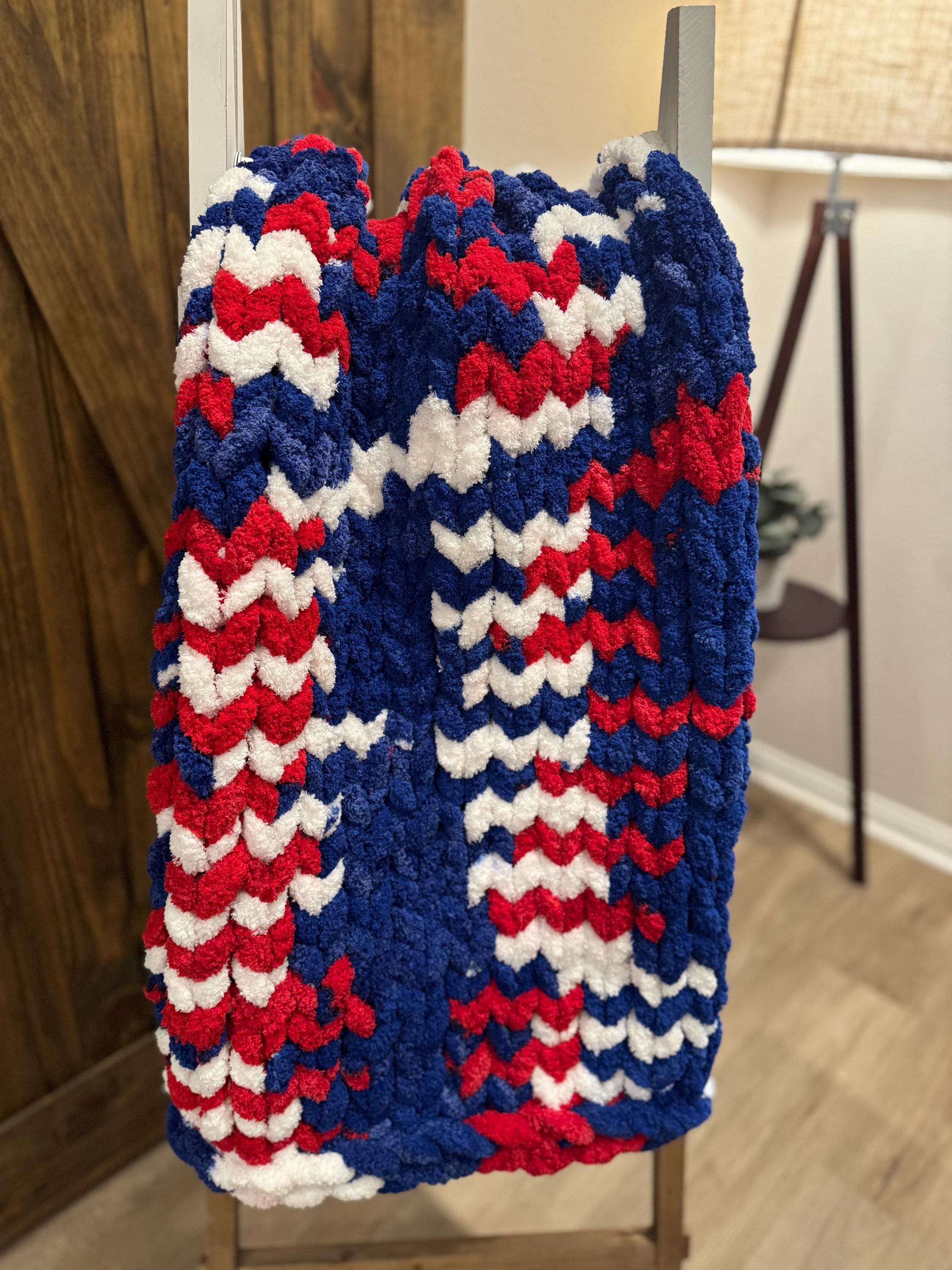 Red, White & Blue - Chenille Chunky Hand Knit Blanket, 40x42 | Perfect USA, Texas Rangers, US Olympics, 4th of July, Labor Day theme!