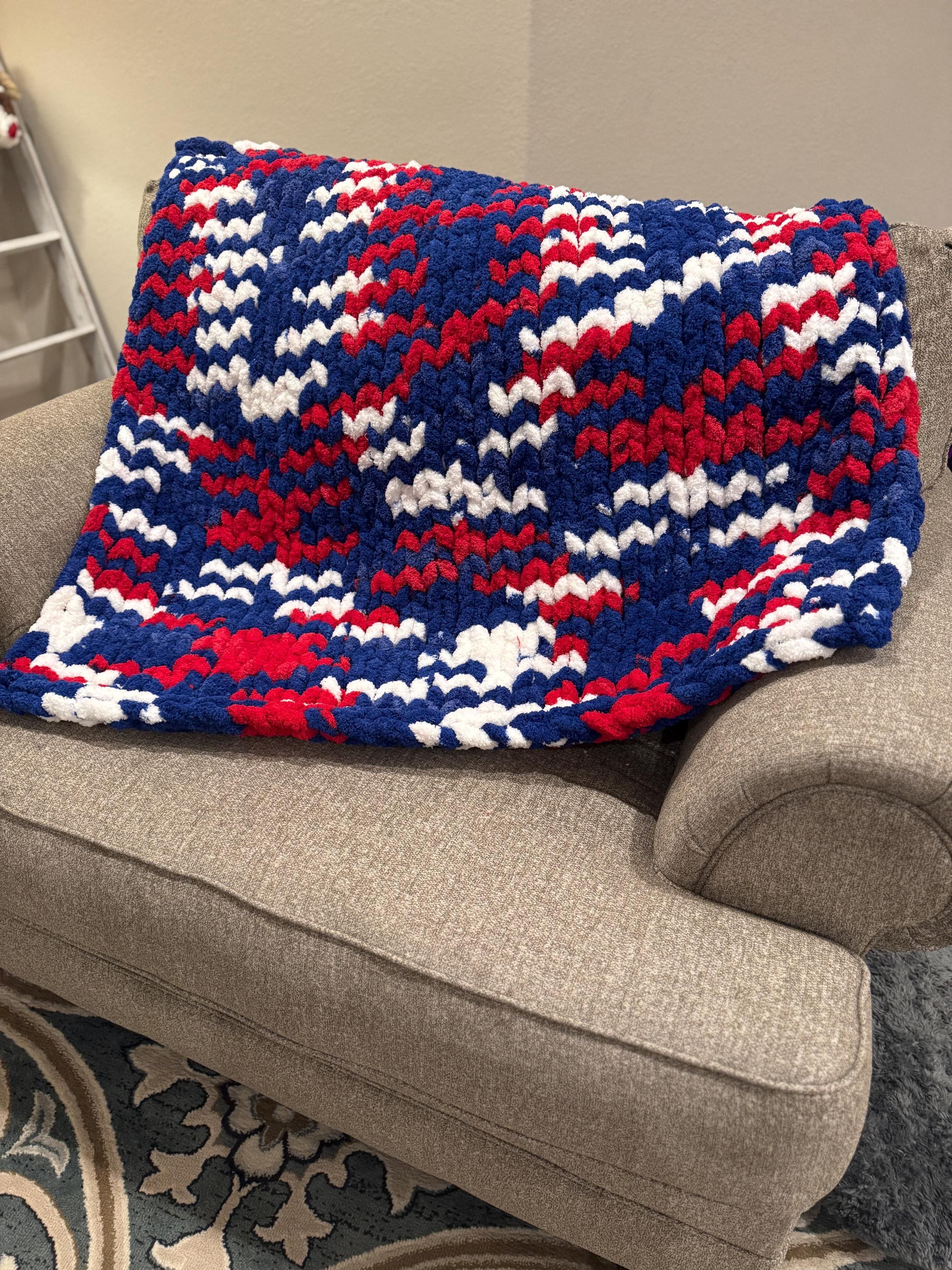Red, White & Blue - Chenille Chunky Hand Knit Blanket, 40x42 | Perfect USA, Texas Rangers, US Olympics, 4th of July, Labor Day theme!