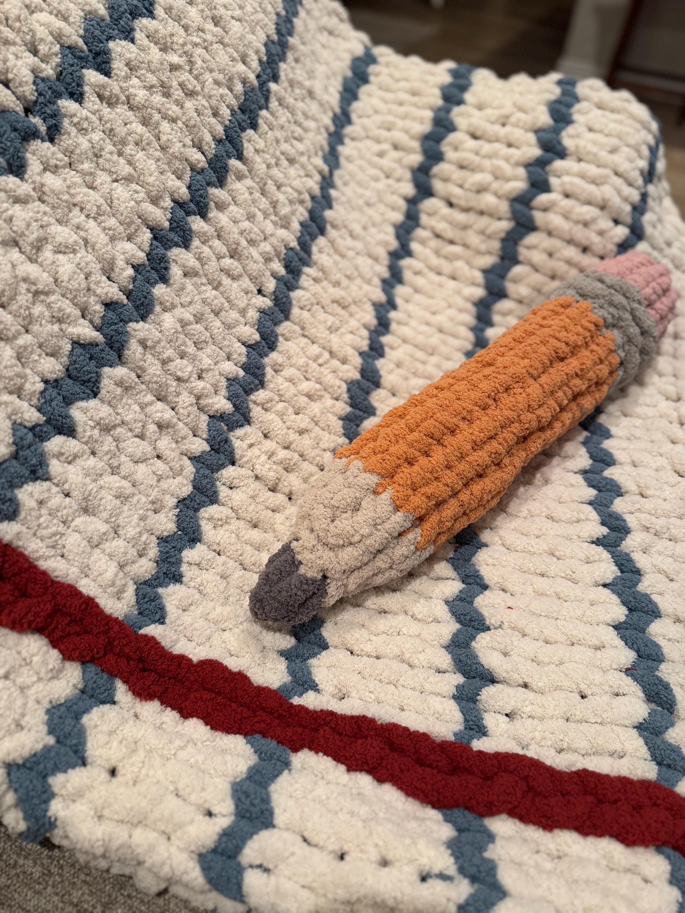 Paper and Pencil Chunky Chenille Hand Knit Blanket and Stuffie (40x50) Perfect Teacher, Professor and Writer Gift!  Ready to SHIP!