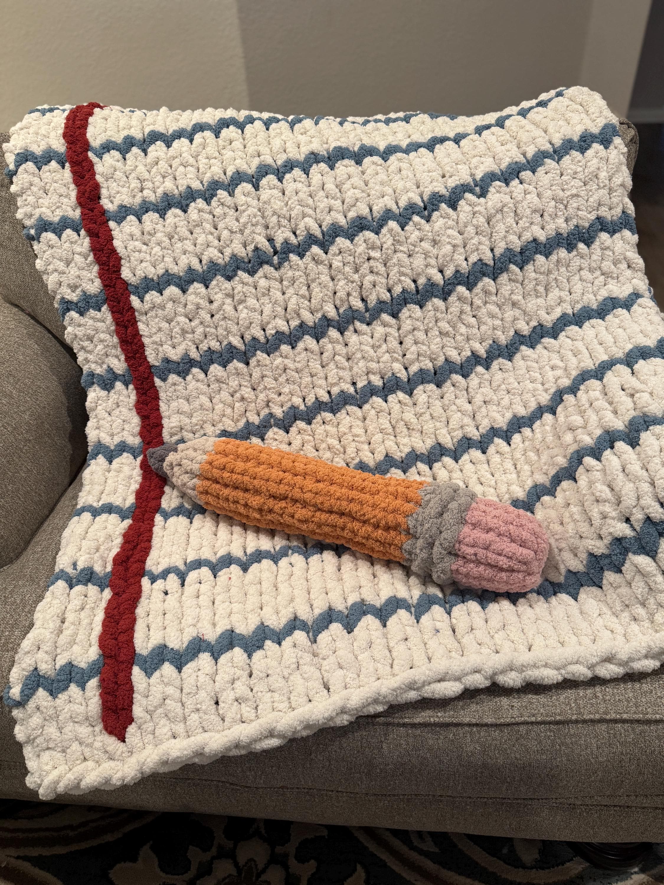Paper and Pencil Chunky Chenille Hand Knit Blanket and Stuffie (40x50) Perfect Teacher, Professor and Writer Gift!  Ready to SHIP!